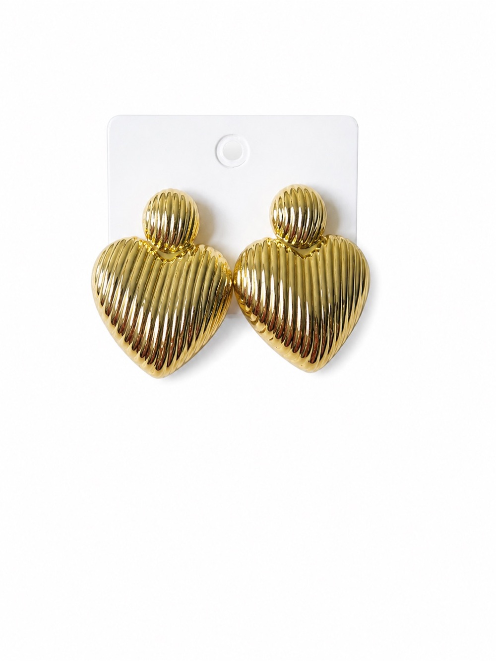 Vintage Style Gold Tone Ribbed Heart Statement Earrings